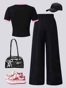 SHEIN Setelan Streetwear Wanita Keren Kasual Serbaguna Gaya Menarik Motif Pita Patchwork Imitasi Slim Fit Cropped Knit T-Shirt + Celana Panjang Kargo Longgar Bermotif 2pcs, Cocok Untuk Perjalanan, Olahraga, Kembali ke Sekolah, Liburan dan Pakaian Sehari-hari - Hitam - View 4