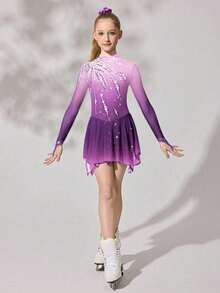 Tween Girls Purple Sequin Floral Dance Dress, High Stretch Fitted Design Sparkling Crystal Print, Smooth Flowing Mesh Skirt, Autumn Winter Athletic - Purple - View 9