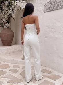 Sunnyshic Mono de mujer de unicolor con cremallera sin tirantes de mezclilla adecuado para usar en verano - Blanco - Ver 2