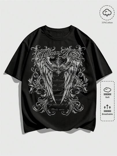 Goth Herren Flügel-Muster Rundhals Kurzarm Lässig T-Shirt
