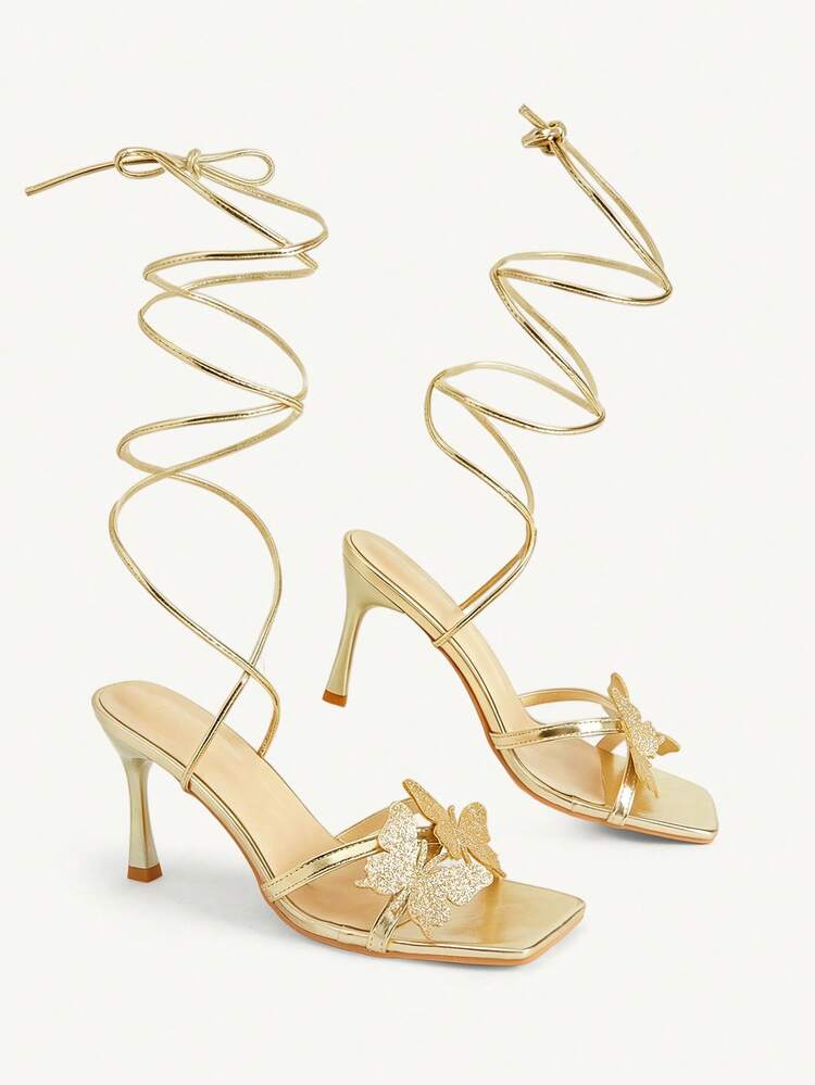 CUCCOO SZL Women Shoes Spring And Summer New Golden Glitter Butterfly Square Head Strap Open-Toed Slim Sandals, Party Dating Banquet Vacation Versatile