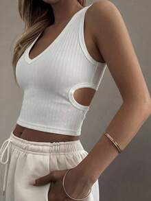 DAZY Women's Summer Round Neck Backless Hollow Design Fitted Cropped Casual Sexy Camisole Top Golf White - White - View 5