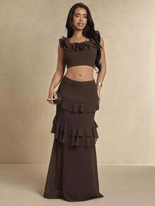 Silquee Women's Brown Chiffon Multi-Layered Ruffle Skirt, Suitable For Parties, Music Festivals, Gatherings, Everyday Wear, Vacations, And Dates. - Coffee Brown - View 1