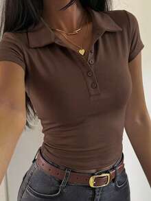 DAZY 女款領口短袖修身底層極簡性感休閒套頭街頭風T恤 - 棕色 - 查看 4