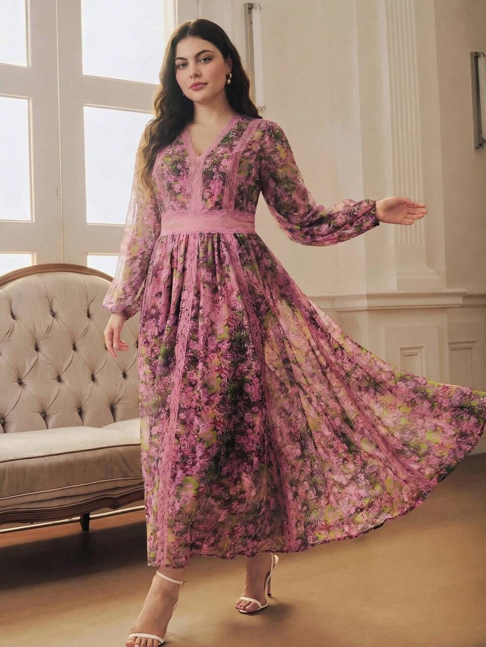 Women's New Plus Size Long Sleeve Chiffon Pink Elegant Long A-Line Flared Lace Dress, Elegant Party Dress For Women, Casual Outing Dress, Spring/Summer V-Neck Floral Print Dress