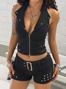 SHEIN 女款前拉鍊露背掛脖上衣與牛仔裙套裝 - 黑色 - 查看 4