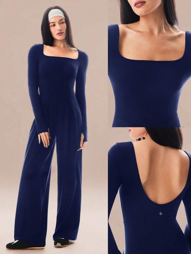 FeatherFit™-Air Sunproof Work And Flow Square Neck Open U-Back Wide Leg Long Sleeve Bodysuit With Thumbholes Daily Casual Wear Removable Cups