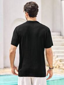 Mercer Haus Men's Ribbed Airplane Collar Polo Knit Shirt, Short Sleeve, Summer Fashion - Black - View 3