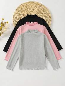 SHEIN 少女套裝 3件組 簡約休閒舒適高領長袖T恤套裝 - 彩色 - 查看 3