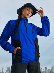WanderVale Women's Color Block Stand Collar Outdoor Rain Jacket Sports - Royal Blue - View 3