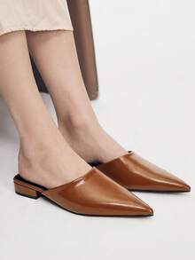 Mnmlis French Pointed Slippers, Thick Heels, Half-Tow Mullers, Patent Leather, Half-Toe Sandals. - yellowish brown - View 3