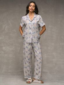 SHEIN Conjunto de pijama de manga corta con lazo a rayas y estampado lindo y dulce para mujer - Azul - Ver 6
