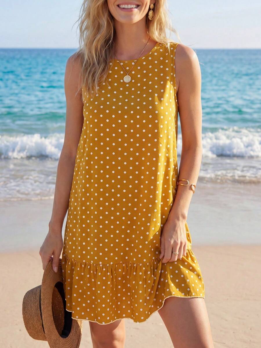 SHEIN LUNE Gaun Mini Lengan Pendek Model A-Line dengan Blok Warna, Gaun Polkadot, Gaun Musim Panas - Mustard Yellow - View 1