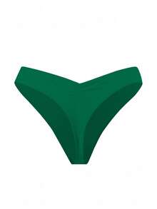 Swim Basics Women's Solid Color V-Neck Bikini Bottom For Summer Beach Spring Green Holiday - Dark Green - View 3