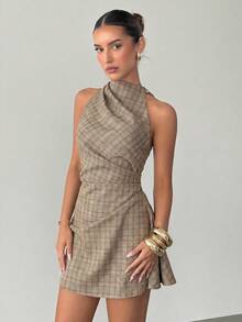 Siren Gaze Luxury Elegant Plaid Dress Halter Ruched Wrap Mini Dresses Summer Vacation Casual Going Out - Multicolor - View 8