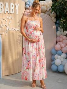 Loomaby Pregnant Women Summer Elegant Floral Print Spaghetti Strap Dress,Gender Reveal Dress,Maternity Dress,Baby Shower Dress - Red - View 12
