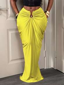 BamGleam Women's Solid Color Fashion Decorative Ring Slim Fit Long Skirt For Autumn Party Bar Party Night Lime Green Sexy Elegant - Green - View 1