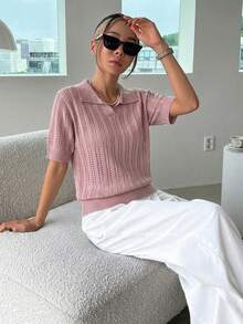 DAZY 條紋 Polo 領短袖休閒春夏季女款針織上衣 - 粉色 - 查看 6