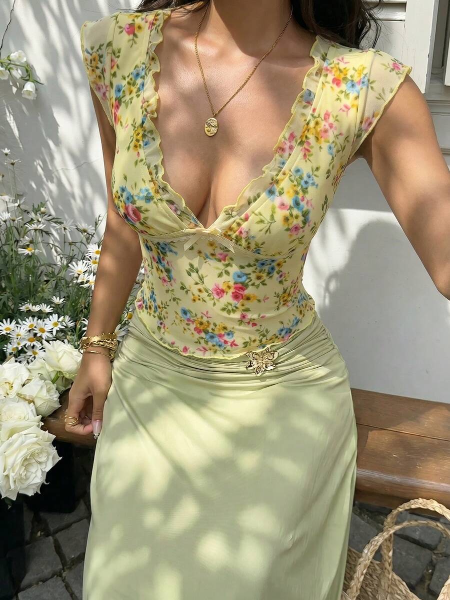 Sunnyshic 女款夏季休閒甜美度假時尚百搭街頭派對花卉網格印花拼接撞色蕾絲飾邊方領短袖修身短版T恤 - 黃色 - 查看 1