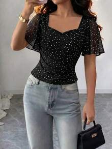 Modelyn Women's Summer Casual Romantic Polka Dot Print Shirt Going Out Black And White Polka Dot - Black - View 1