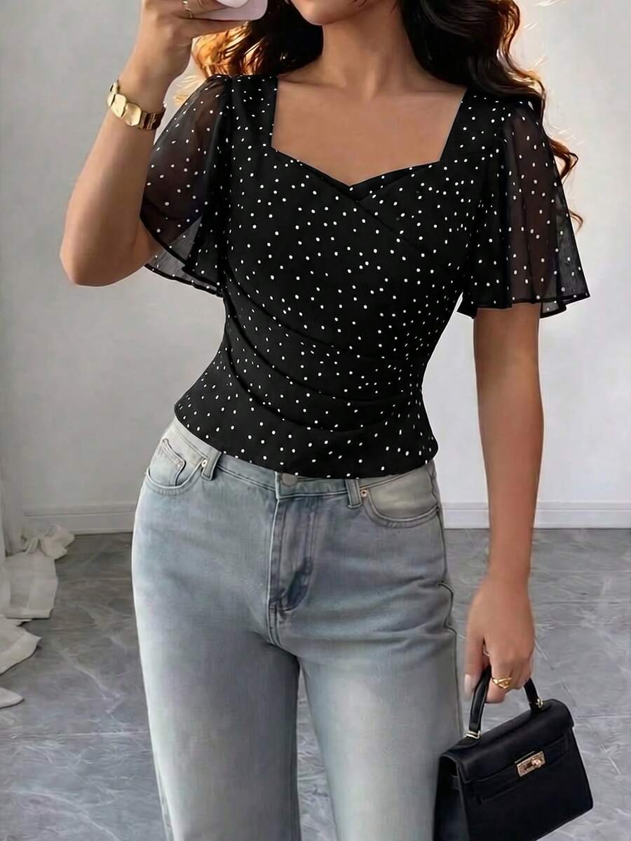 Modelyn Women's Summer Casual Romantic Polka Dot Print Shirt Going Out Black And White Polka Dot - Black - View 1