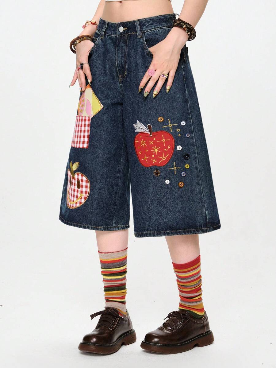 Sweetness Handmade Girls Apple Embroidery Button Decor Low Waist Denim Shorts Women's Jeans - Medium Wash - View 1