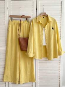 SHEIN EZwear 女士芥末黄刺绣骑士单排扣长袖衬衫和休闲口袋裤套装 - 鵝黃色 - 查看 5
