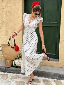 Elyressa Summer Elegant Romantic White With Black Polka Dots Print Lace Patchwork Sleeveless Dress Vacation - Black and White - View 4