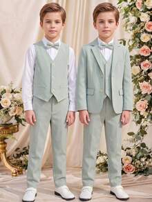 SHEIN 3件組兒童青少年男孩春夏秋冬適用 學院風可愛休閒綠色西裝外套馬甲休閒長褲紳士套裝 適合生日派對、正式褲裝套裝、晚宴、表演、婚禮 - 薄荷綠 - 查看 3