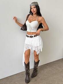 PETITE Women's Spring/Summer Streetwear Vintage Boho Beach Y2K Lace Comfortable Stretchy White Mini Asymmetrical Ruffle Skirt Skort - White - View 4