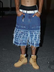 STEELVANCE American Street Style Patchwork Frayed Denim Shorts - Blue - View 6