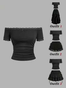 SHEIN MOD 女士黑色蕾丝拼接露肩修身短袖T恤 - 黑色 - 查看 7