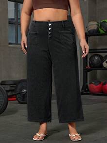 Flexra Plus Size Women's Button Design Pocket Loose Wide Leg Jeans Formal Fashion Week Black Summer Casual Decent - Dark Grey - View 4