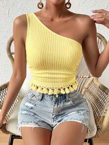 SHEIN VCAY 女款度假休閒純色單肩流蘇下擺上衣 - 鵝黃色 - 查看 2