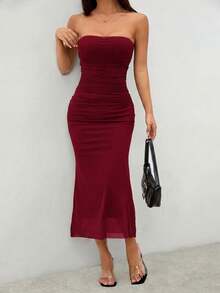 SHEIN PETITE Stil Farbverlauf Mesh Trägerloses Bodycon Kleid, Petite Frauen - Bordeaux - Übersicht 6