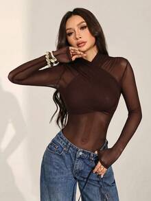 SHEIN PETITE 女款性感素色網格包身連身衣，透視長袖上衣，長袖網格上衣，黑色透視上衣，黑色網格上衣，秋季，黑色連身衣 - 咖啡棕 - 查看 10