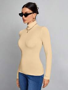 SHEIN Tall Simple Solid Color Slim High Collar White Top Suitable For Autumn And Winter - Apricot - View 5