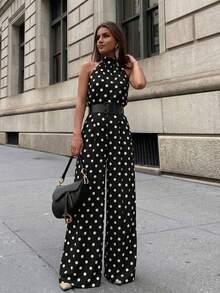 Firerie Women's Elegant Daily Commute Brunch Fashion New Vacation Versatile Halter Black White Polka Dot Backless High Waist Wide Leg Jumpsuit, Summer - Black and White - View 2