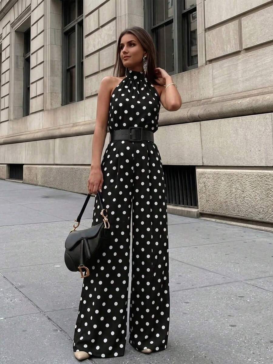 Firerie Women's Elegant Daily Commute Brunch Fashion New Vacation Versatile Halter Black White Polka Dot Backless High Waist Wide Leg Jumpsuit, Summer