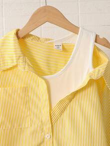 SHEIN 少女不對稱領口長袖黃色與白色垂直條紋 2-in-1 上衣，適合休閒假兩件式襯衫 - 黃色 - 查看 3