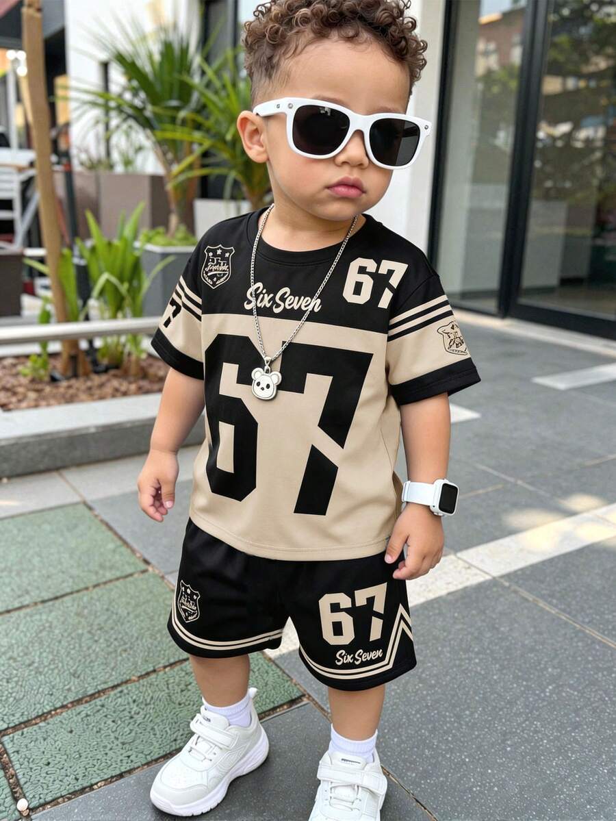 SHEIN Set Kaos Lengan Pendek dan Celana Pendek Kasual Sederhana untuk Bayi Laki-laki, Cocok untuk Musim Panas - MultiWarna - View 1