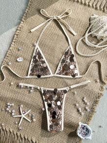 Swim Vcay Sexy Sequin Two-Piece Bikini Swimsuit For Vacation Beach - Gold - View 4