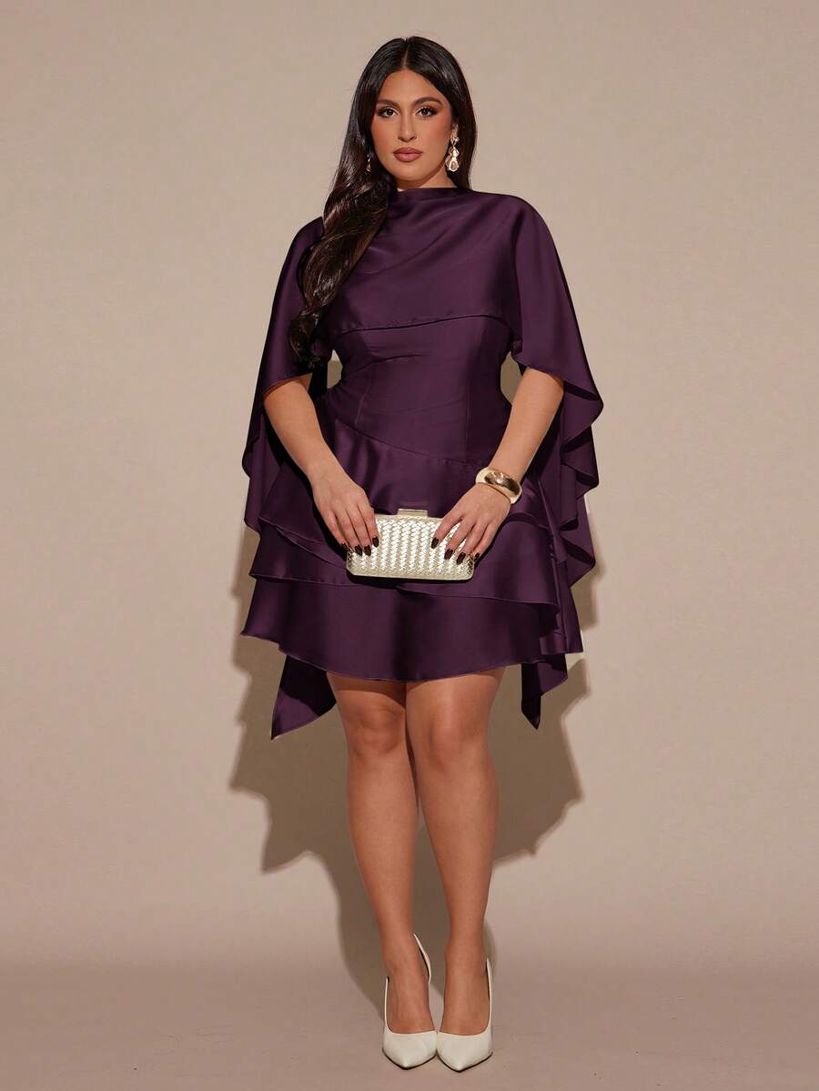 SHEIN BAE Vestido tipo chal de satén con dobladillo asimétrico, espalda fruncida y correa ajustable con hebilla para mujer talla grande, otoño/invierno - Morado - Ver 1