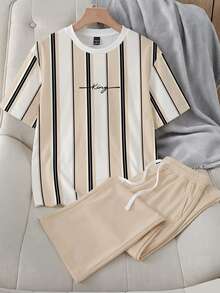 Manfinity Hypemode Men's Casual Striped Pajama Set, 2-Piece Set, Suitable For Home - Khaki - View 5