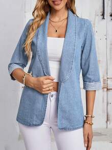 EMERY ROSE Plus Size Women's Lapel Short Sleeve Button Casual Denim Jacket - Blue - View 4