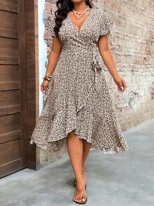 Breezaya Plus Size Women's Vacation Ditsy Floral Overlap V-Neck Ruffle Sleeve Elegant Dress - Multicolor - View 3
