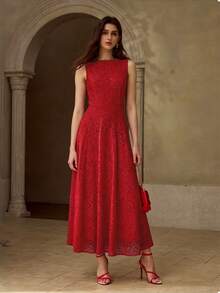 MOTF PREMIUM GAUN WANITA ELEGAN BERBAHAN RENDA DAN MANIK-MANIK MUTIARA TIRUAN - Merah - View 5
