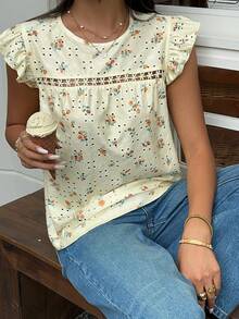 Serisse Women's Embroidered Hollow Floral Round Neck Ruffle Sleeve Short Sleeve T-Shirt - Yellow - View 5