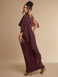 SHEIN BAE CURVE 大尺碼女款披肩超長洋裝波點酒紅色 - 彩色 - 查看 2