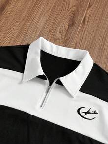 SWAVVY Men's Summer Casual Loose Fit POLO Shirt Standard Size Black And White Color Block Patchwork Half-Zip Embroidered - Black and White - View 2